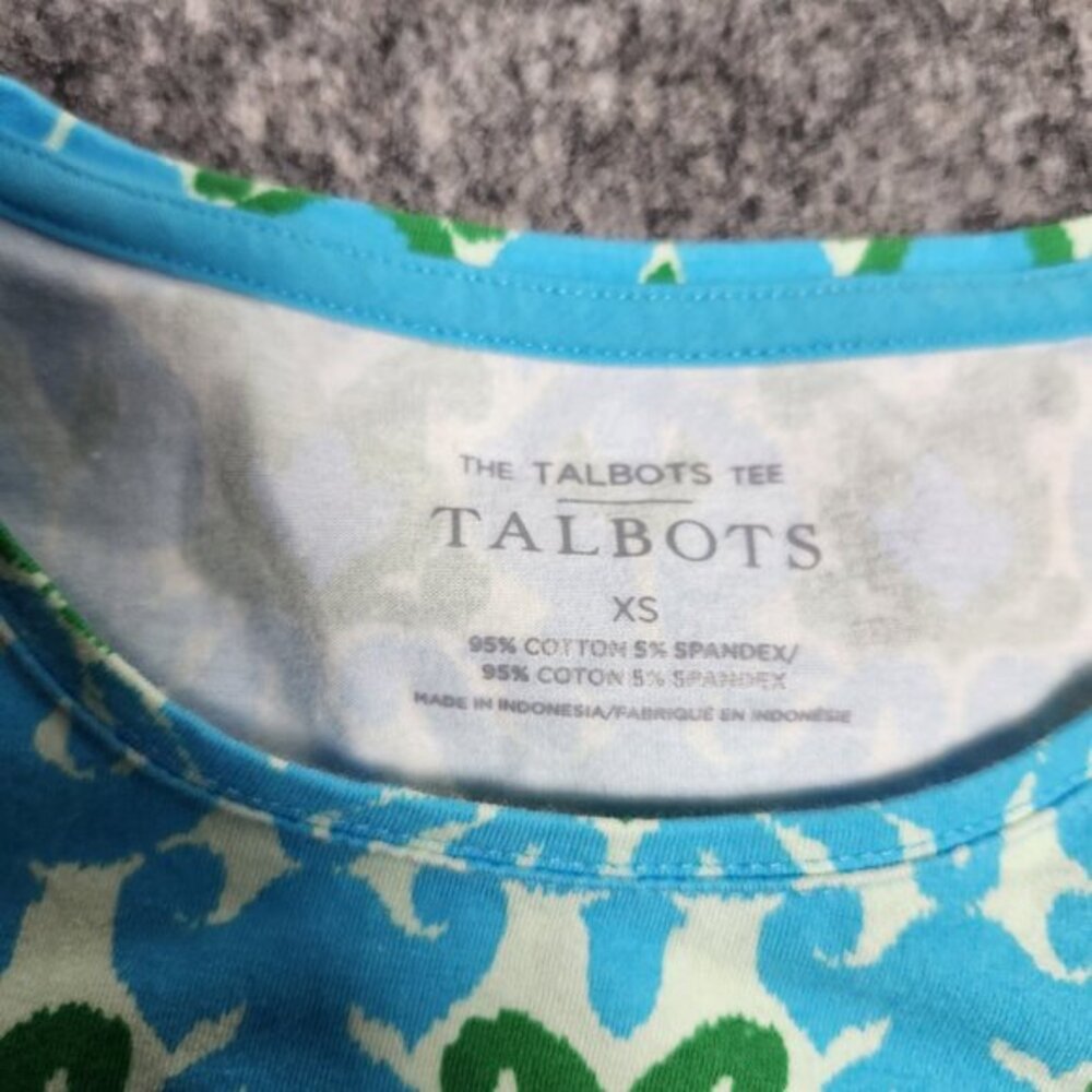 Talbots Tops Women XS Blue Green Floral Pattern Short Sleeve Bateau Neck - Picture 3 of 7